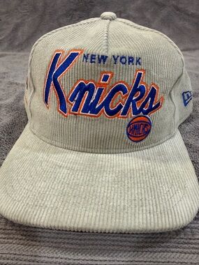 New Era Cream Corduroy New York Knicks Hat with Blue & Orange Script